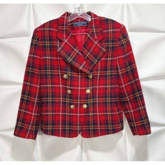 Norton McNaughton Sz 10P Red Tartan Gold Crest Button Wool m Blazer Jacket Women - Picture 4 of 11